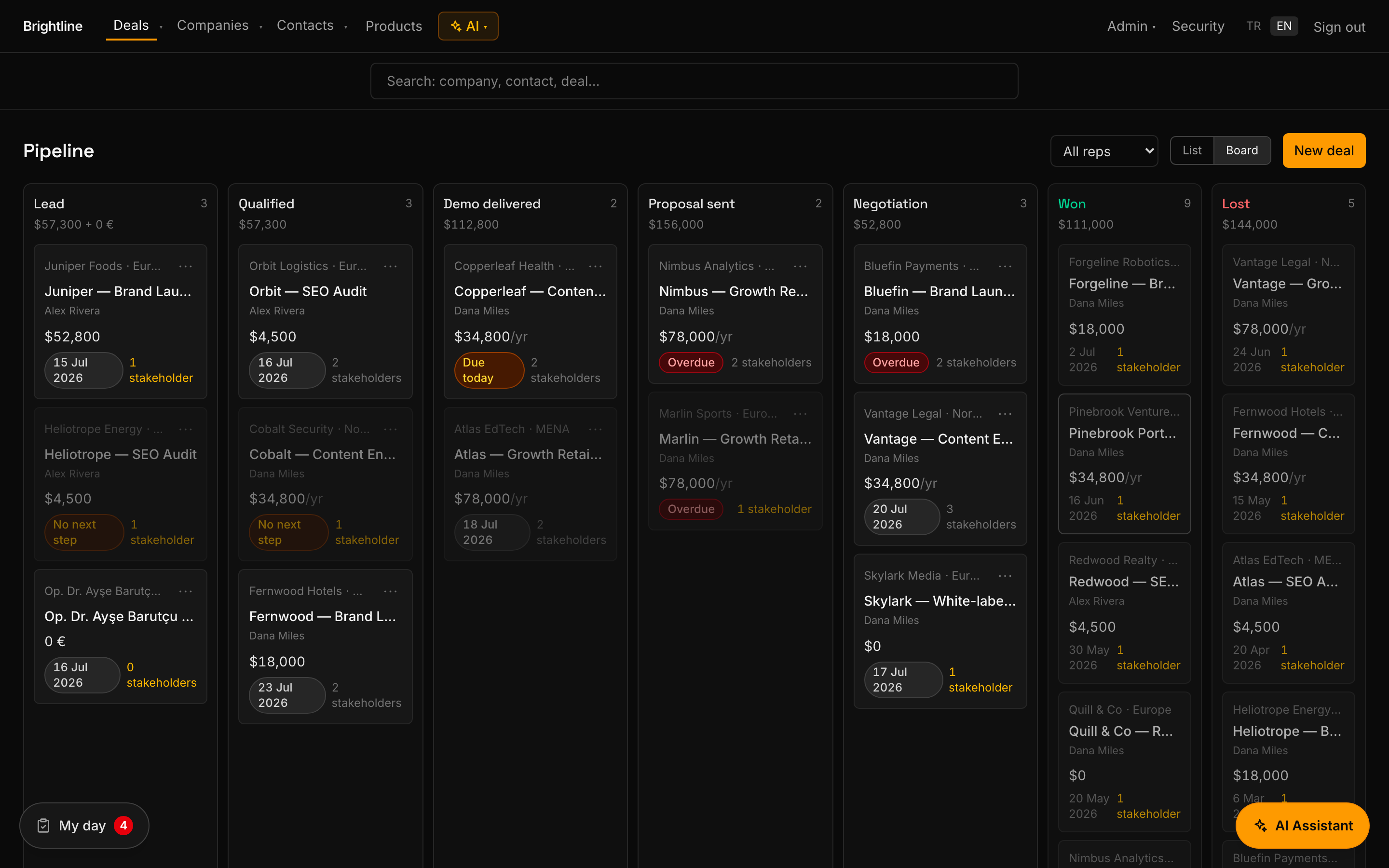 Kanban pipeline board with next-step badges on every deal card